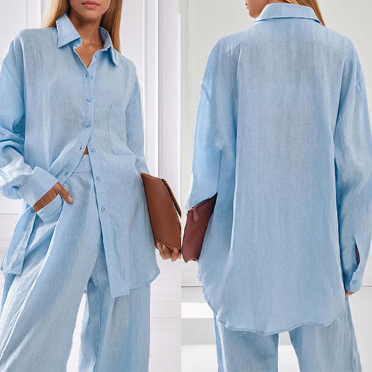 Damen lässiges Leinen-Hemd- und Hosen-Set