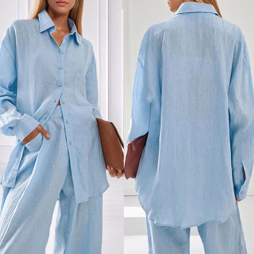 Damen lässiges Leinen-Hemd- und Hosen-Set