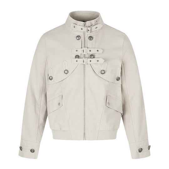 Damen Kurz geschnittene taillierte Bomberjacke mit Stehkragen, Zierschnallen und Pattentaschen Shop Nory