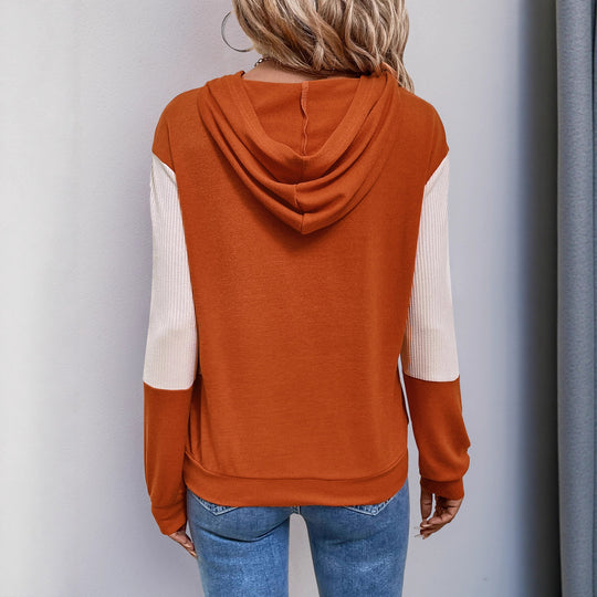Damen Lässiger Kapuzenpullover mit V‑Kragen, Kontrastärmeln und Rippbündchen Shop Nory