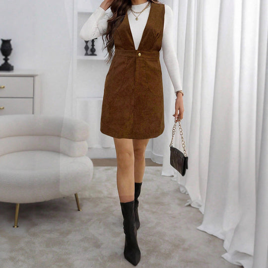 Damen Kord-Latzkleid mit tiefem V‑Ausschnitt, Taillenriegel und A‑Linie Shop Nory