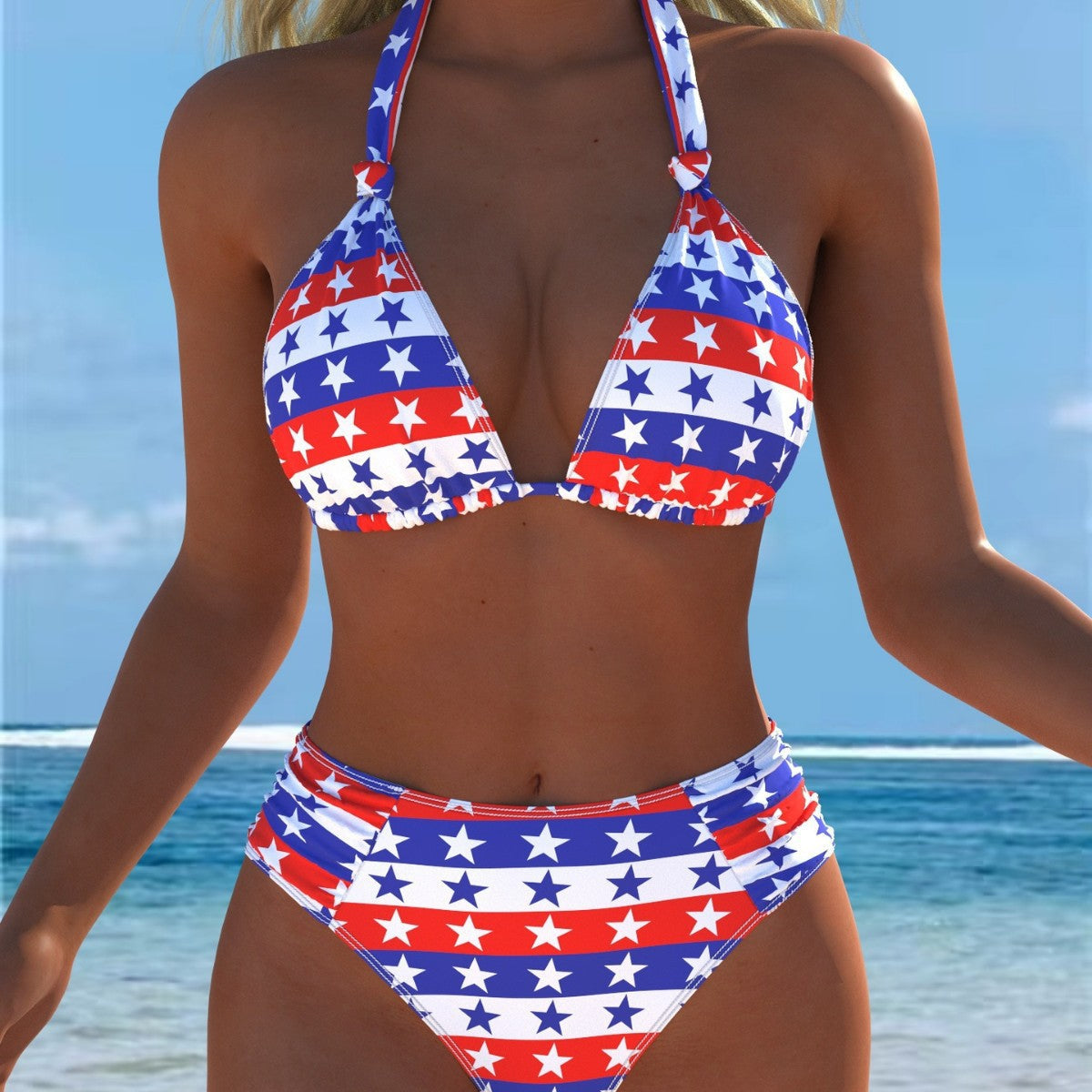 Damen Triangel-Bikini mit hohem Bund und patriotischem Sternen-Muster