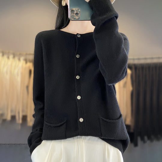 Damen Langer Feinstrick-Cardigan mit Rundhalsausschnitt, Eingrifftaschen und Alpaka-Mix Shop Nory