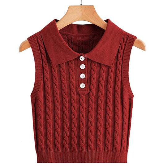 Damen Ärmellose Strickweste mit Polokragen und Zopfmuster Shop Nory