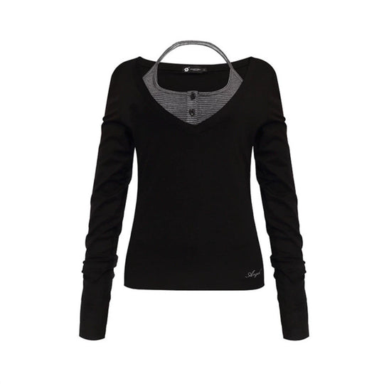 Damen Langarm-Shirt mit doppeltem Layer‑Effekt, tiefem V‑Ausschnitt und gestreiftem Einsatz Shop Nory