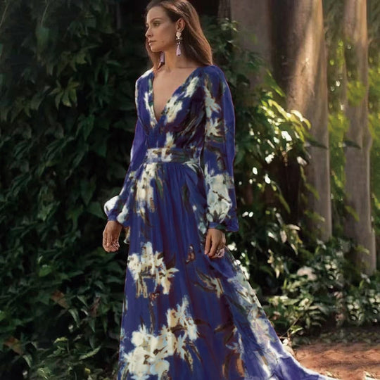 Damen Maxikleid Fließendes V-Ausschnitt