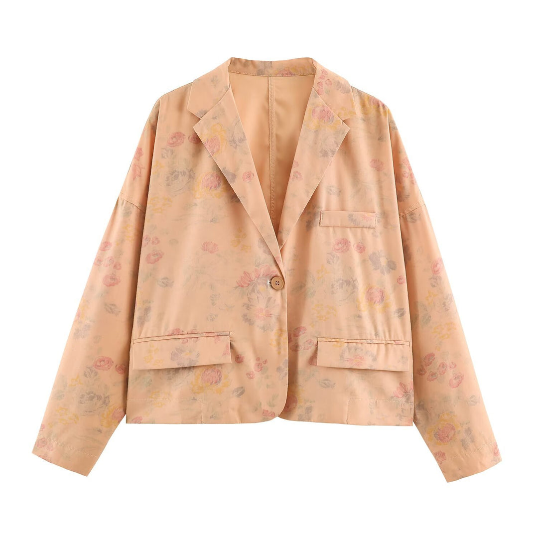 Damen Boxy-Blazerjacke mit floraler Seidenoptik, Ein-Knopf-Verschluss und Pattentaschen Shop Nory