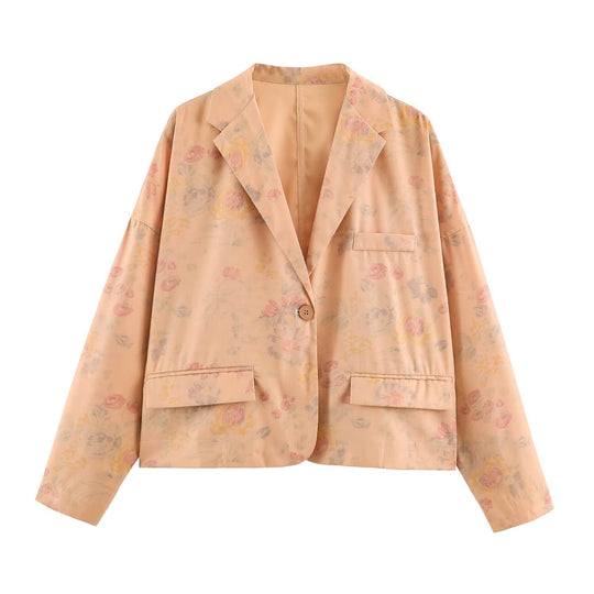 Damen Boxy-Blazerjacke mit floraler Seidenoptik, Ein-Knopf-Verschluss und Pattentaschen Shop Nory