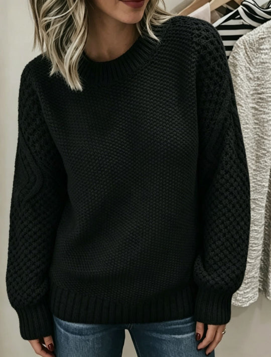 Damen Grobgestrickter Rundhals-Pullover mit Ajour- und Zopfmusterärmeln Shop Nory