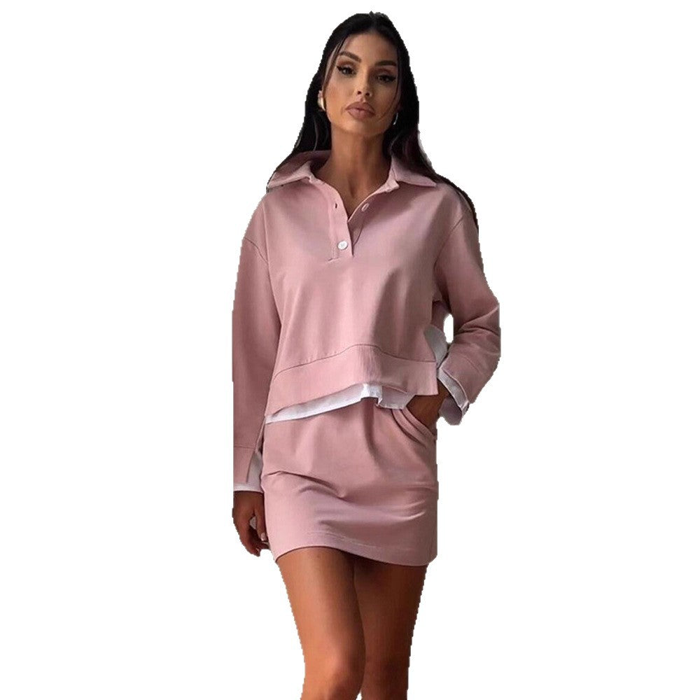Damen Lässiges Zweiteiliges Sweatset mit Hemdkragen, Cropped‑Pullover und High‑Waist Bike‑Shorts Shop Nory