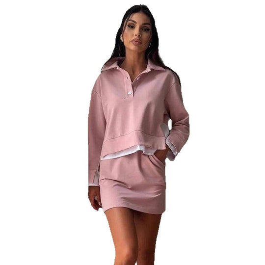 Damen Lässiges Zweiteiliges Sweatset mit Hemdkragen, Cropped‑Pullover und High‑Waist Bike‑Shorts Shop Nory