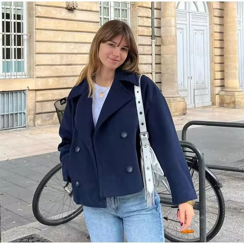 Damen Kurzer Zweireihiger Boxy-Peacoat aus Wollmix mit weitem Revers Shop Nory