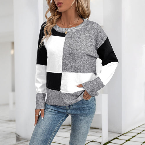 Damen Blockmuster-Strickpullover mit Rundhalsausschnitt und legerer Passform Shop Nory
