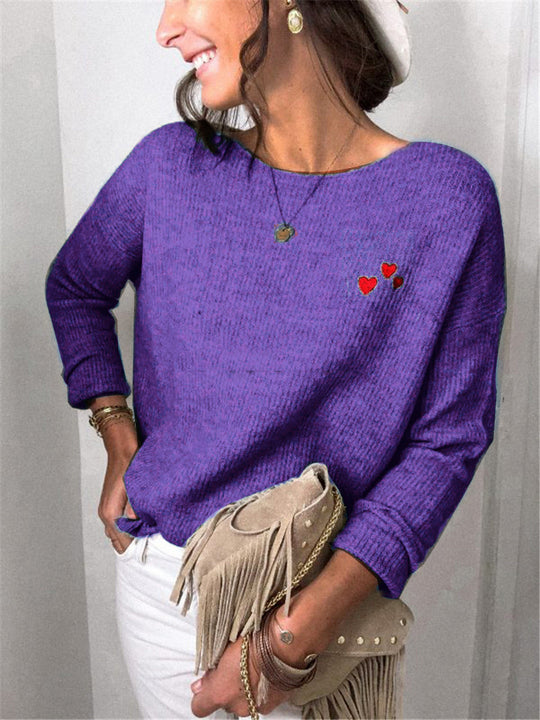 Damen Leichter Feinstrickpullover mit U-Boot-Ausschnitt, lockerem Sitz und Herzstickerei Shop Nory