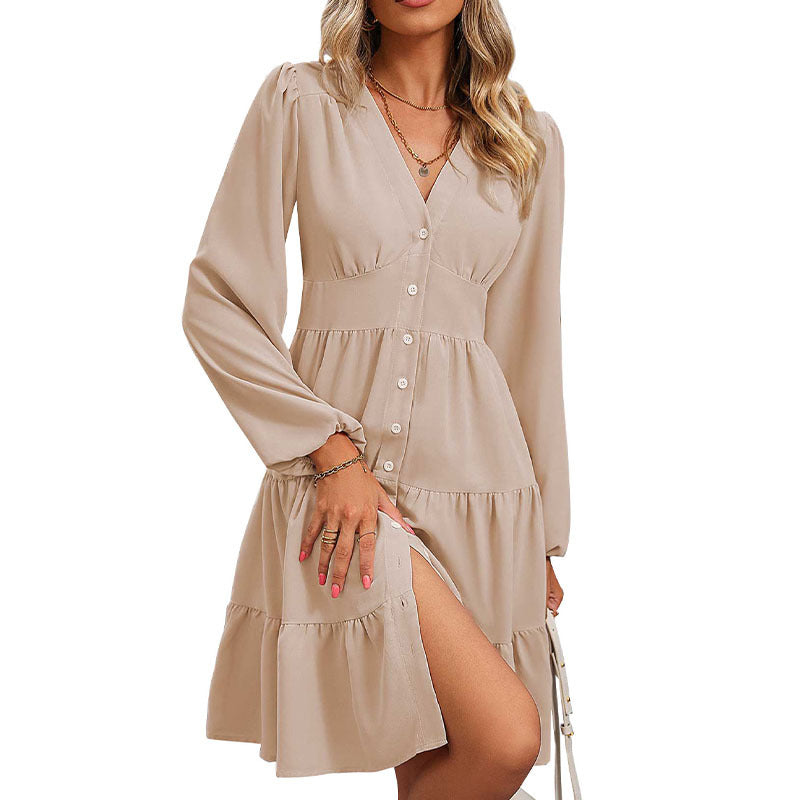 Damen Midi-Kleid aus fließendem Viskosemix mit Stufenrock, V-Ausschnitt und taillierter Raffung Shop Nory