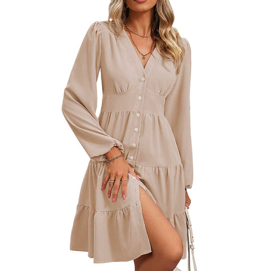 Damen Midi-Kleid aus fließendem Viskosemix mit Stufenrock, V-Ausschnitt und taillierter Raffung Shop Nory