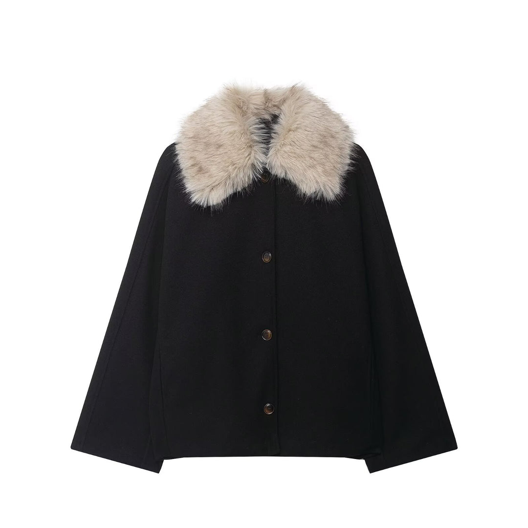 Damen Woll-Cape mit abnehmbarem Kunstfellkragen und verdeckter Knopfleiste Shop Nory