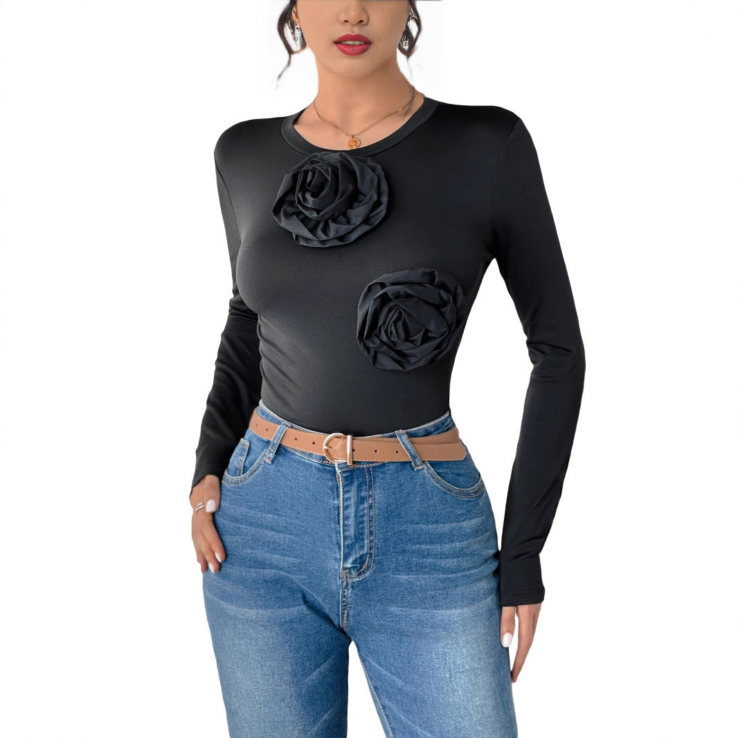Damen Figurbetonter Langarm-Body mit dreidimensionalen Rosenapplikationen Shop Nory