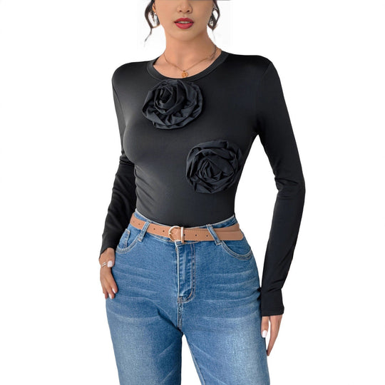 Damen Figurbetonter Langarm-Body mit dreidimensionalen Rosenapplikationen Shop Nory