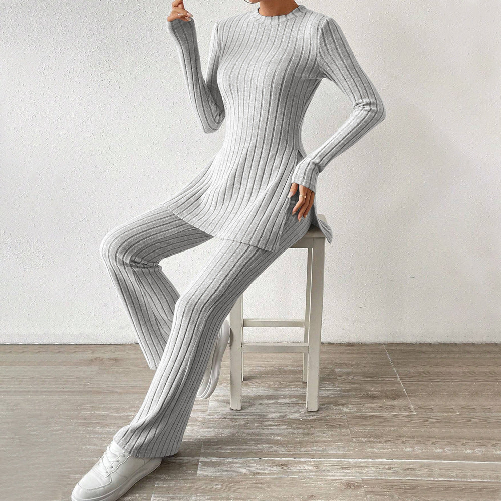 Damen geripptes Feinstrick-Lounge-Set mit seitlicher Saumschlitzen, figurbetontem Longsleeve und weitem Highwaist-Hose Shop Nory