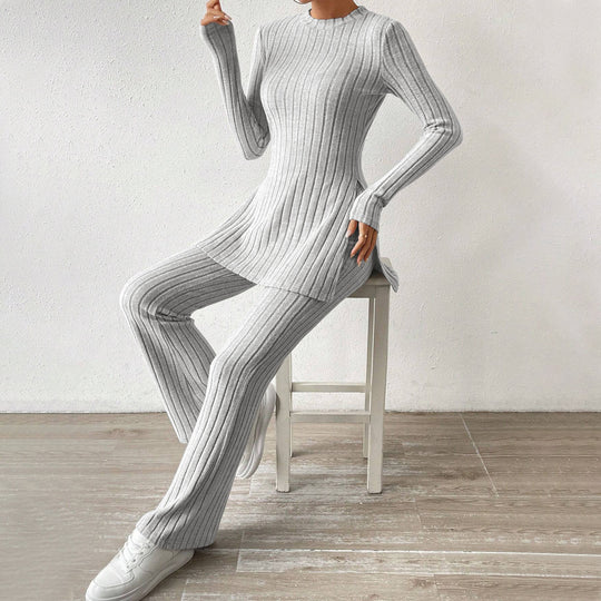 Damen geripptes Feinstrick-Lounge-Set mit seitlicher Saumschlitzen, figurbetontem Longsleeve und weitem Highwaist-Hose Shop Nory