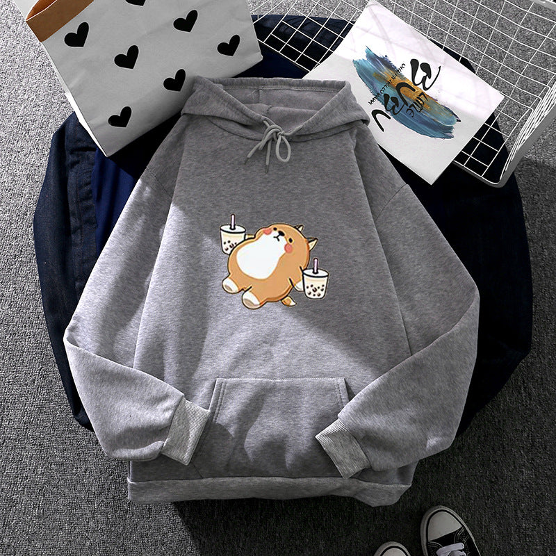 Damen nan niedlicher Kapuzenpullover mit Kängurutasche, oversized Schnitt und Bubble‑Tea Corgi-Print Shop Nory