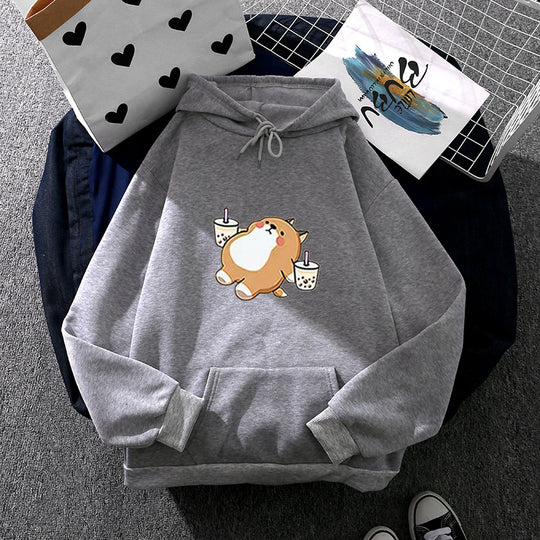 Damen nan niedlicher Kapuzenpullover mit Kängurutasche, oversized Schnitt und Bubble‑Tea Corgi-Print Shop Nory