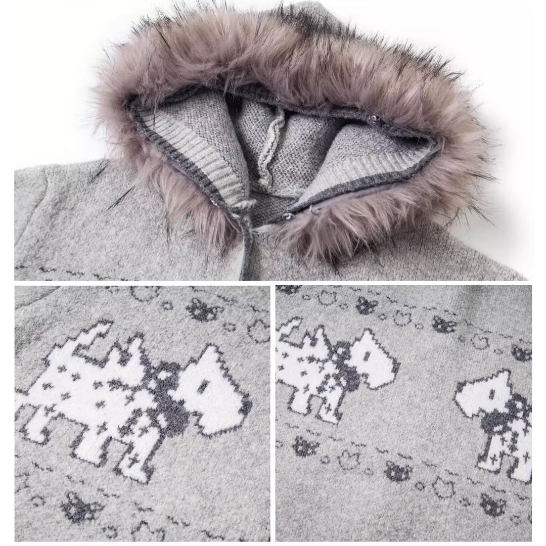 Damen Gemütliche Strickjacke mit Tiermuster und Pelzkragen Shop Nory