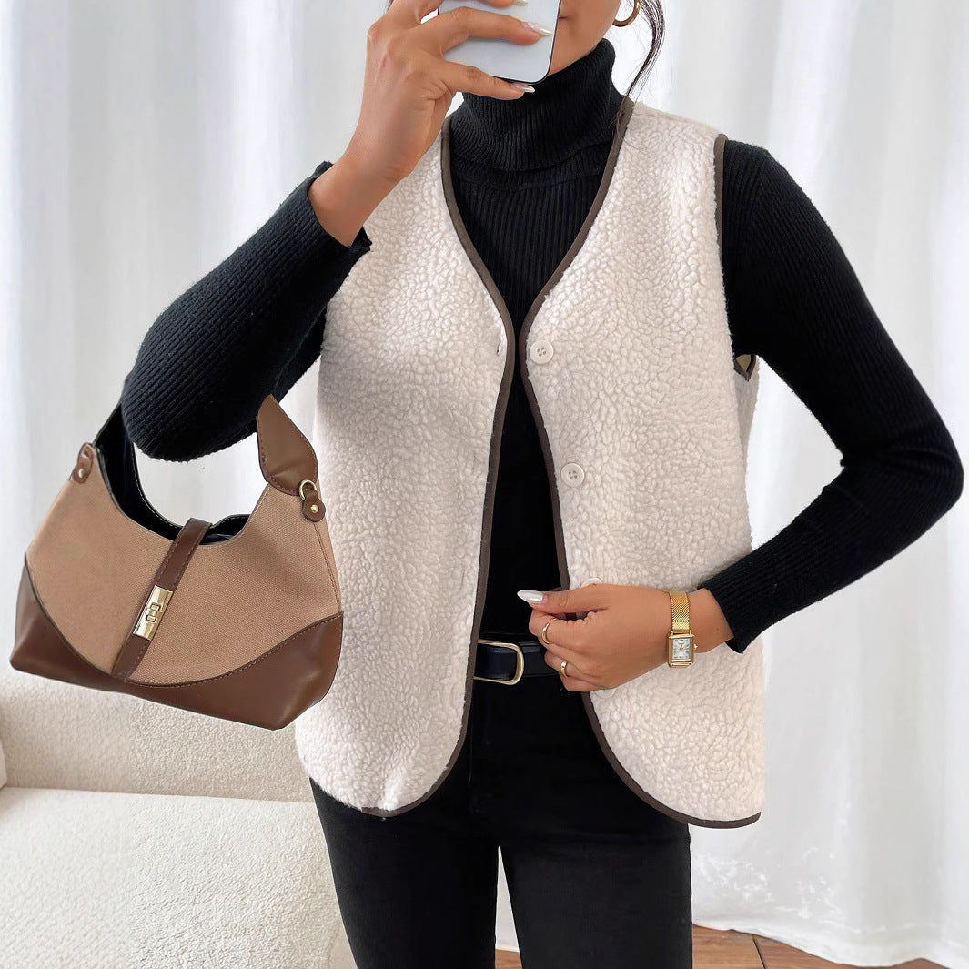 Damen Gefütterte Teddyweste mit Knopfleiste, Kontrastbesatz & Rundsaum Shop Nory
