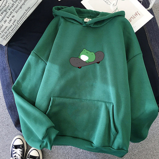 Unisex nan Kapuzenpullover mit Skater-Frosch-Print, weichem Fleece-Innenfutter und Kängurutasche Shop Nory