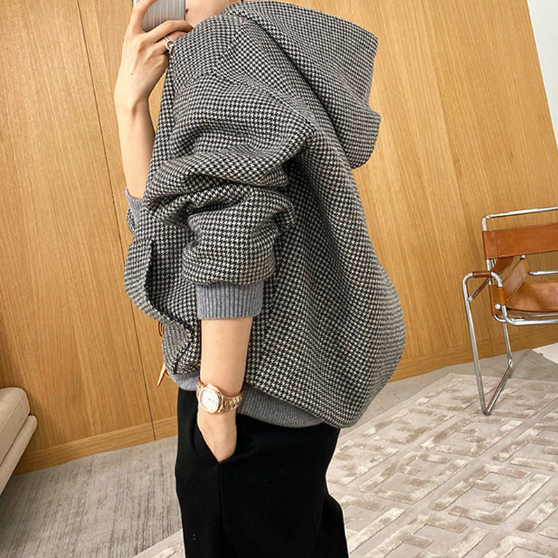 Damen Oversized Sweatjacke mit Kapuze und modernem Houndstooth-Muster Shop Nory