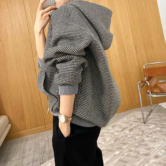 Damen Oversized Sweatjacke mit Kapuze und modernem Houndstooth-Muster Shop Nory