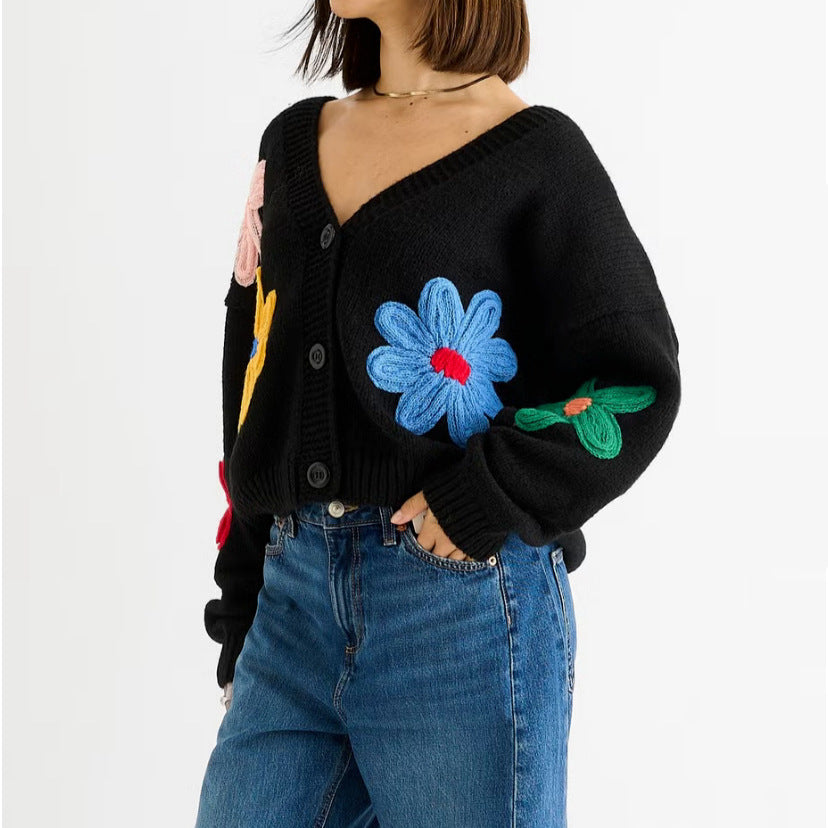 Damen Cardigan mit dreidimensionalen Blumenapplikationen und V-Ausschnitt Shop Nory