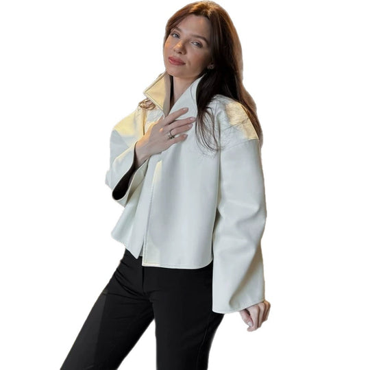 Damen Kurze Boxy Kunstlederjacke mit markantem Stehkragen Shop Nory