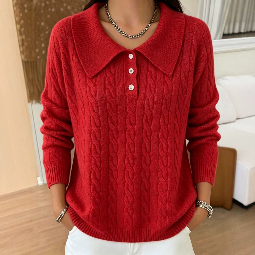 Damen Kabelstrick-Polo-Pullover mit großem Umlegekragen und lockerer Silhouette Shop Nory
