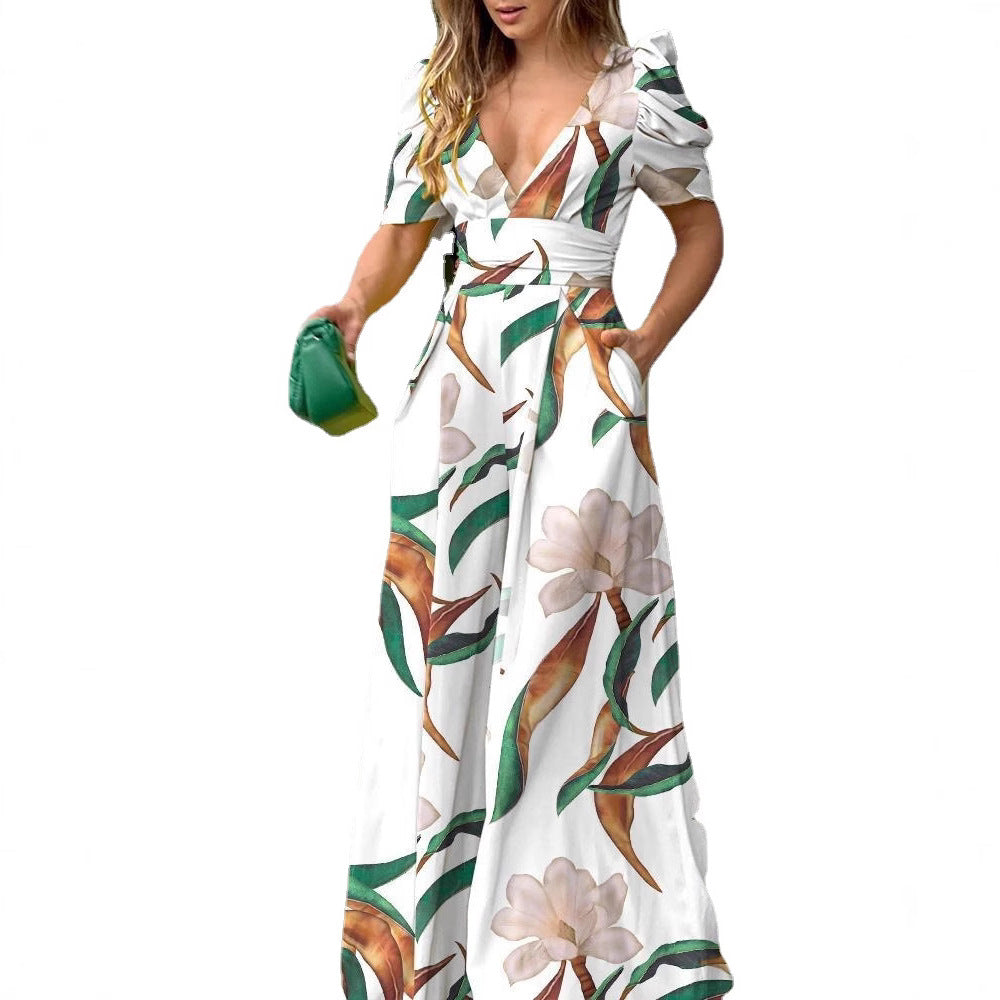 Damen Sommerliches Maxikleid mit voluminösen Puffärmeln und seitlichen Taschen Shopnory