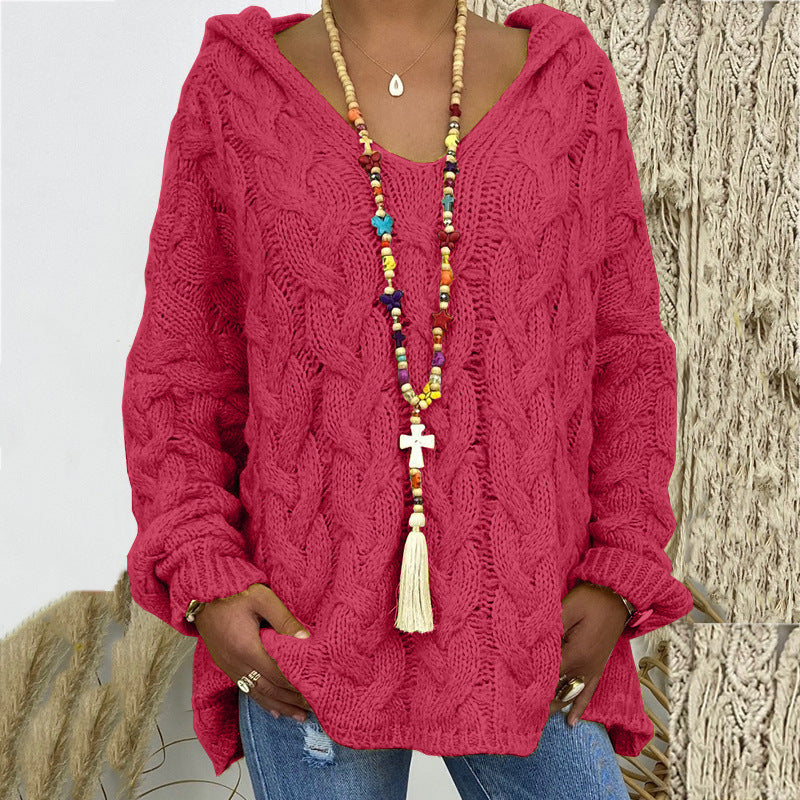 Damen nan oversized Kapuzenpullover mit Zopfmuster, tiefem V-Ausschnitt und seitlichen Schlitzen Shop Nory