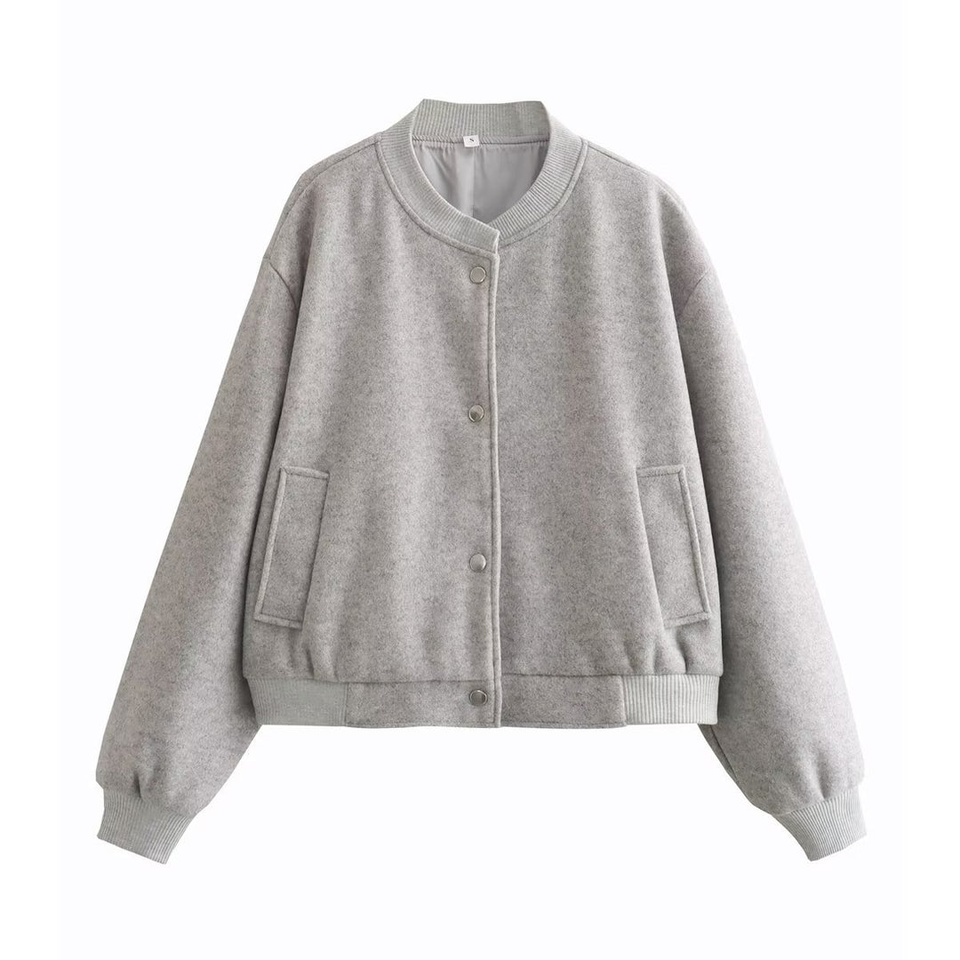 Damen Kurzgeschnittene Wollmix Bomberjacke mit Druckknöpfen und Rippbündchen Shop Nory