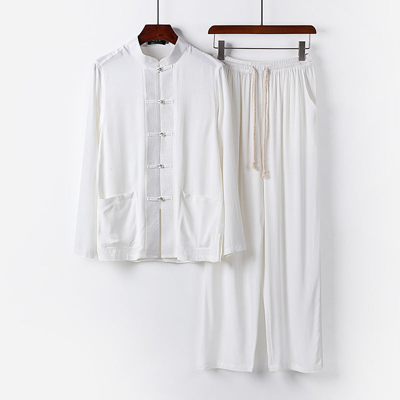 Herren Traditionelles Baumwoll-Loungewear-Set mit Stehkragen Knotenknöpfen und Kordelbundhose Shop Nory