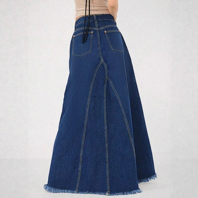 Damen taillenhoher A‑Linien Denim‑Maxirock mit dekorativen Nähten und rohem Fransen Saum Shop Nory