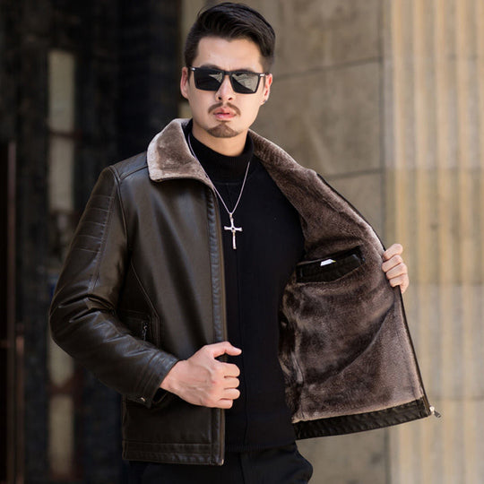 Herren Lederimitat-Übergangsjacke mit durchgehendem Teddyfutter und umlegbarem Kragen Shop Nory