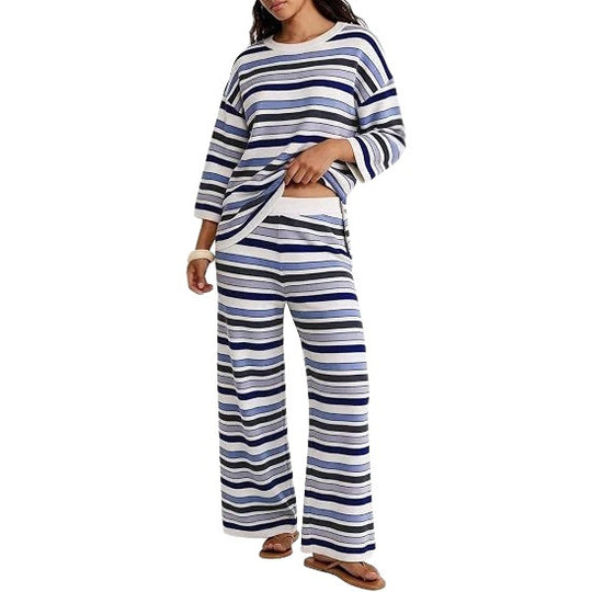 Damen Gestreiftes Lounge-Set aus leichtem Strick mit weitem Bein und 3/4-Ärmeln Shop Nory