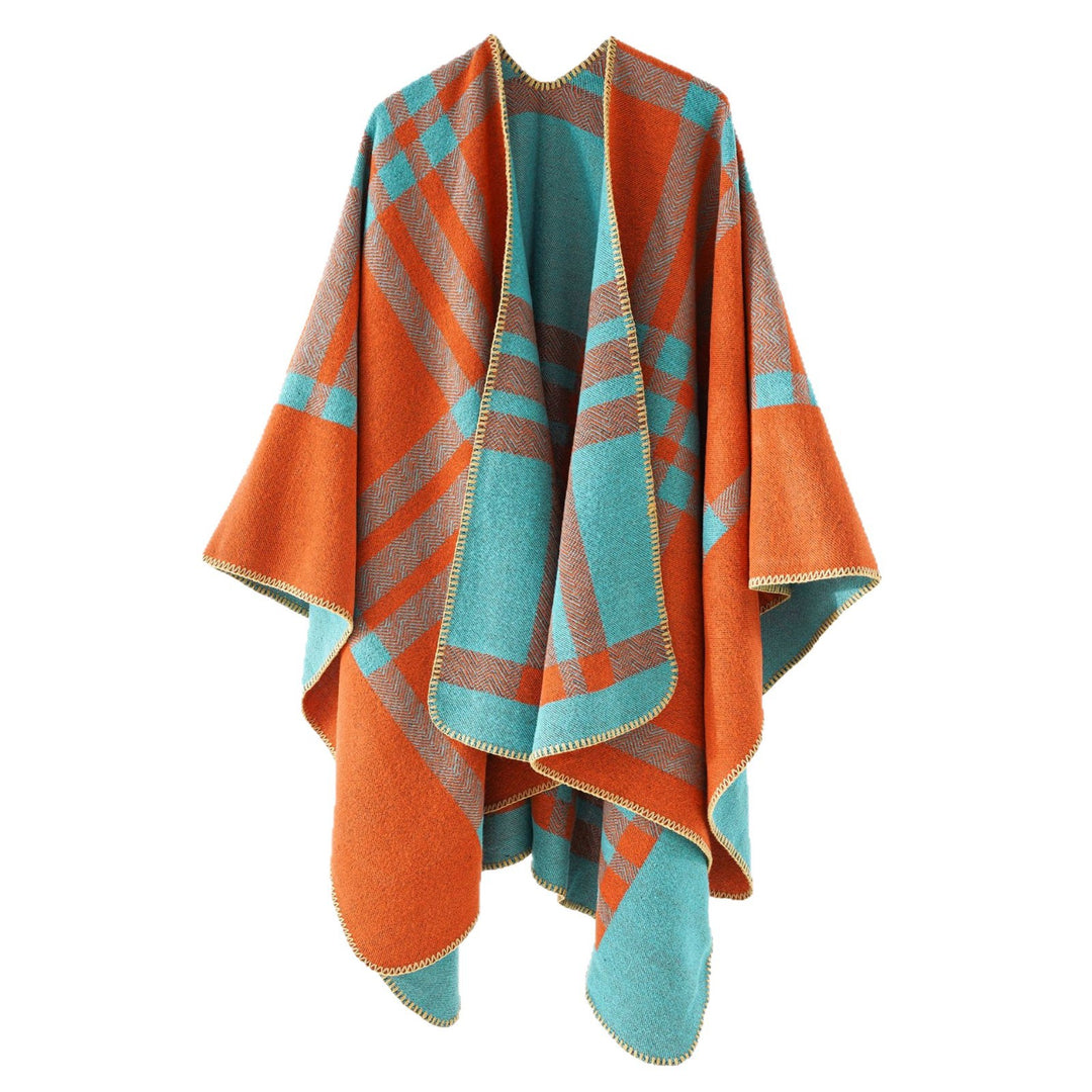 Damen Wendbarer Wollmix-Poncho mit geometrischem Karomuster und Ziernaht Shop Nory