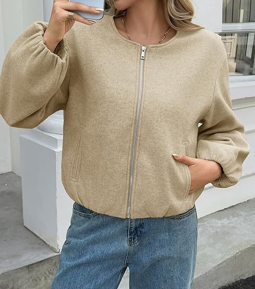 Damen Kurzjacke mit durchgehendem Reißverschluss, Ballonärmeln und elastischem Saum Shop Nory