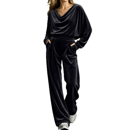Damen Samt-Loungewear-Set mit Wasserfallkragen, weitem Palazzo-Schnitt und Eingrifftaschen Shop Nory