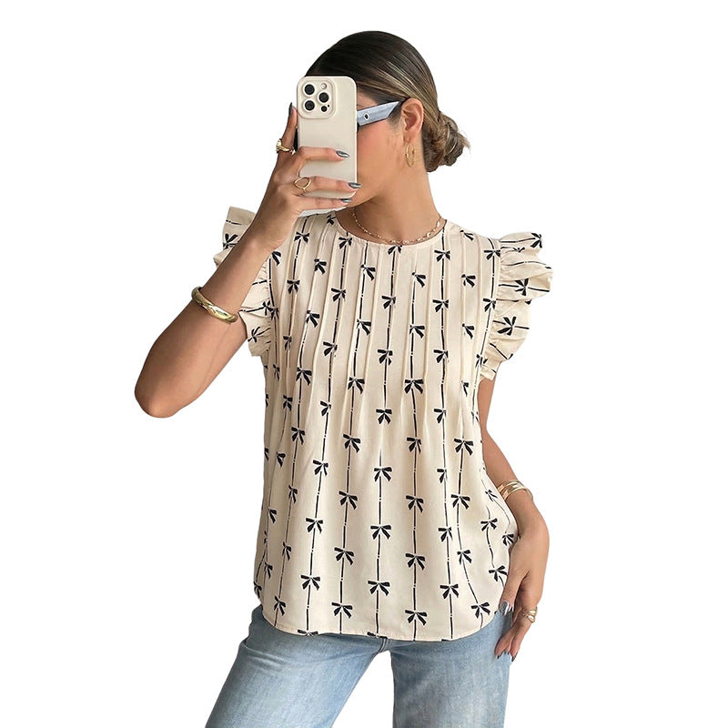 Damen Leichte Baumwollbluse mit Rüschenärmeln, Plissee-Falten und Schleifenprint Shop Nory