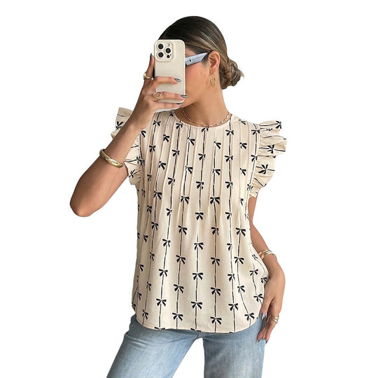 Damen Leichte Baumwollbluse mit Rüschenärmeln, Plissee-Falten und Schleifenprint Shop Nory