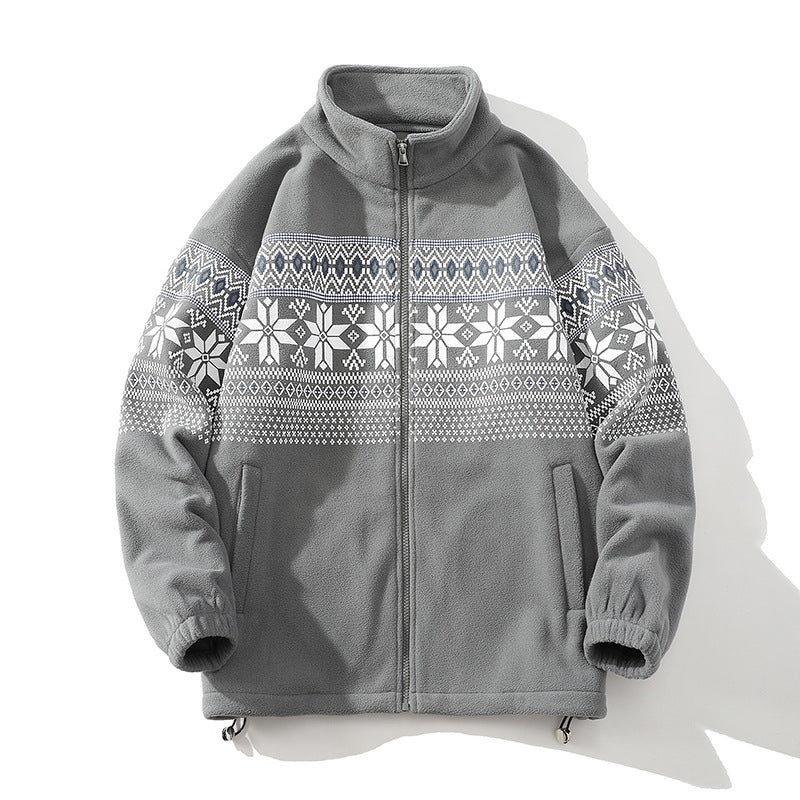 Unisex Norwegermuster-Fleecejacke mit Stehkragen, durchgehendem Reißverschluss und Kordelzug Shop Nory