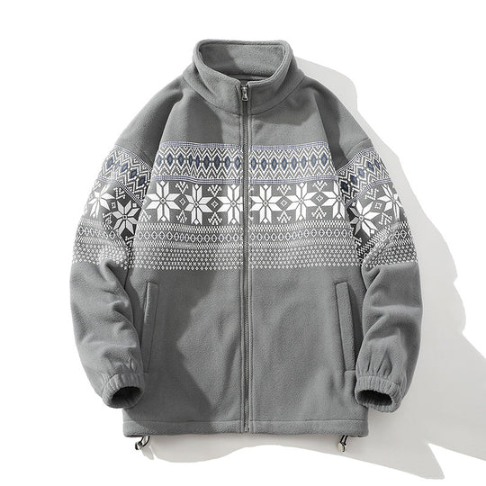 Unisex Norwegermuster-Fleecejacke mit Stehkragen, durchgehendem Reißverschluss und Kordelzug Shop Nory