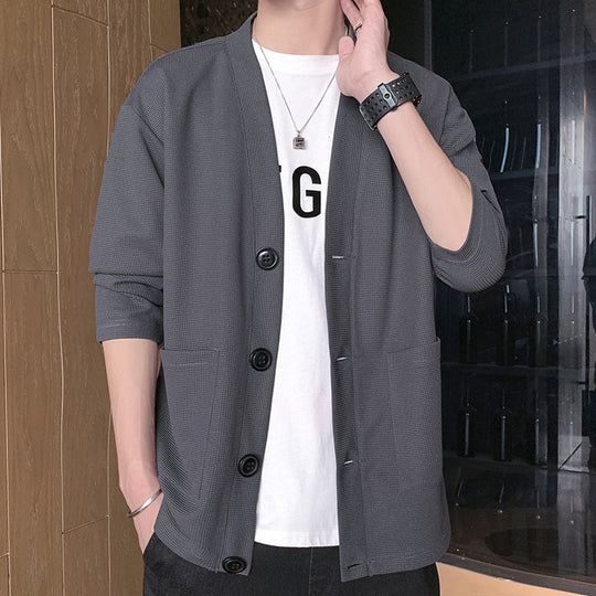 Herren Strukturierte Strickjacke mit V‑Ausschnitt, Dreiknopf‑Front und aufgesetzten Taschen Shop Nory